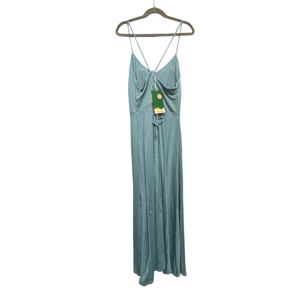 Halara Ribbed Cowl Neck Backless Crisscross Lace Up Midi Dress Rainy Sky Blue S - Picture 1 of 8
